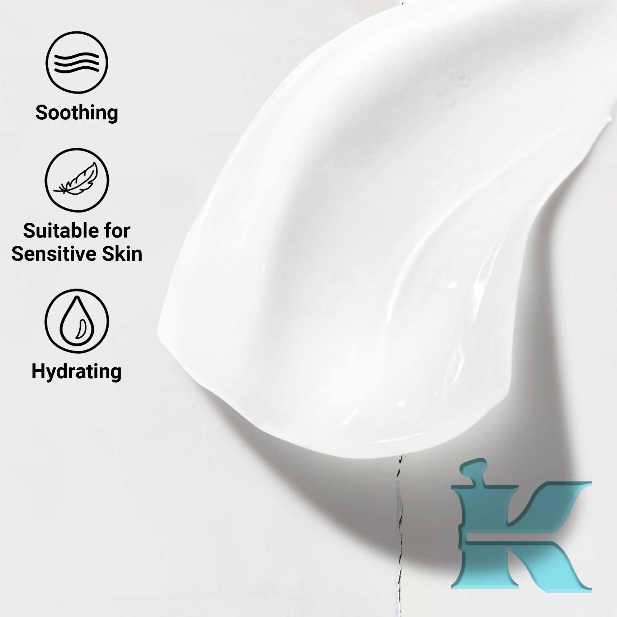 Zbliżenie na konsystencję żelu-kremu Ultra Facial Oil-Free Gel Cream, ukazujące właściwości łagodzące, nawilżające i przydatność dla skory wrażliwej.