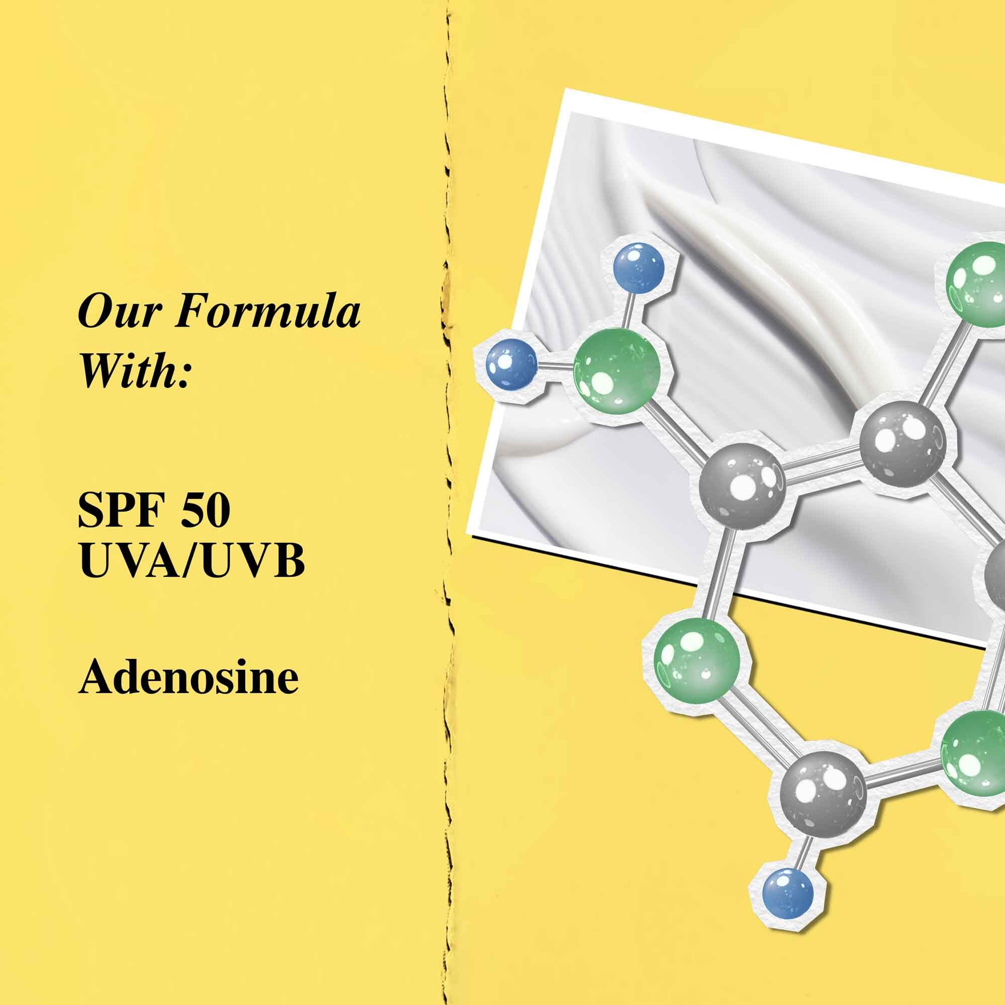 Grafika przedstawiająca kluczowe składniki: SPF 50 i adenozynę.