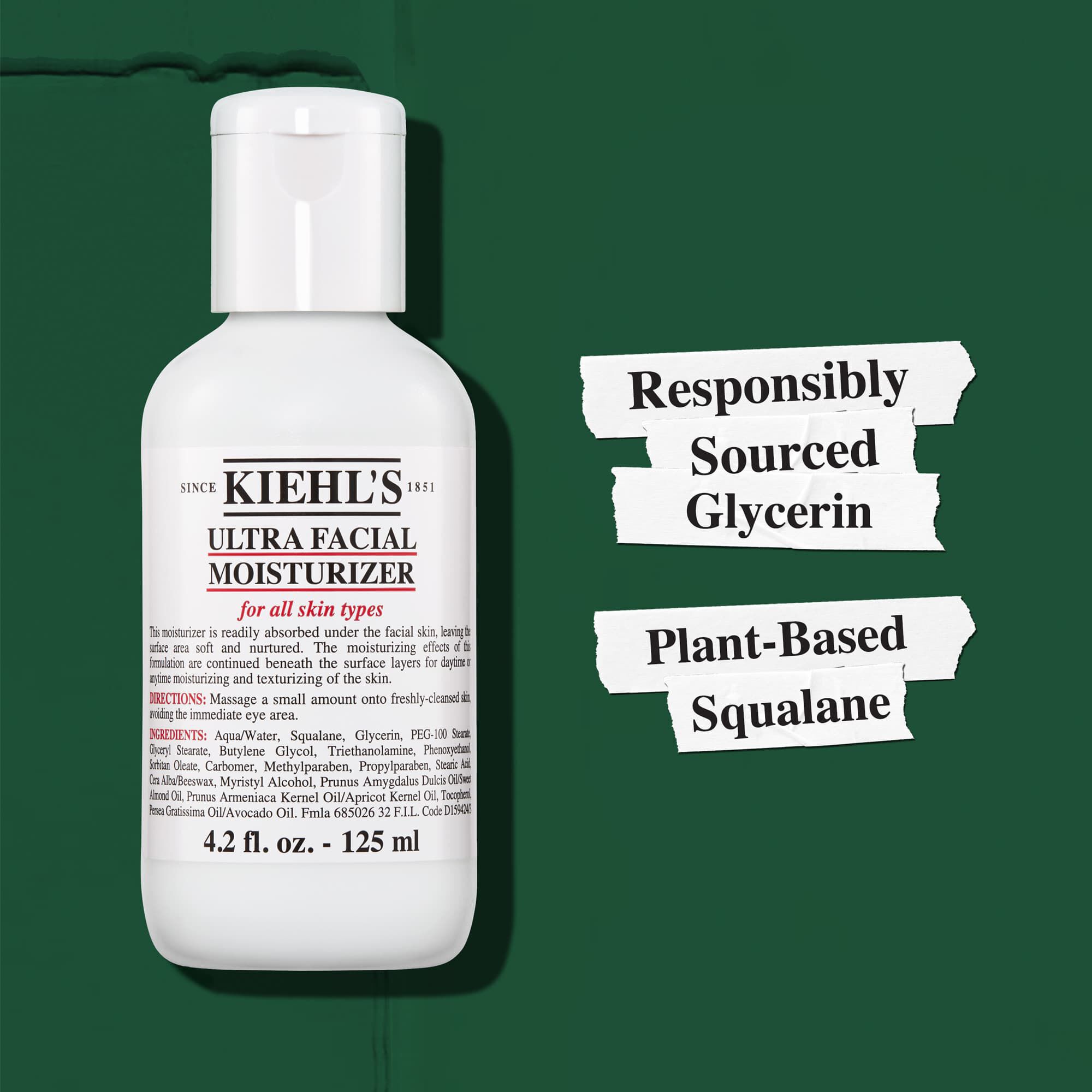Kiehl's Ultra Facial Moisturizer zawiera glicerynę pozyskiwaną w sposob odpowiedzialny oraz skwalan pochodzenia roślinnego