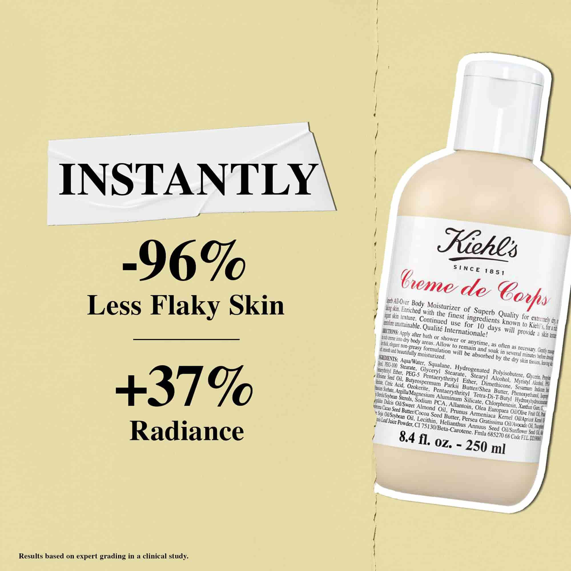 Mleczko Kiehl's Creme de Corps natychmiast zapewnia o 96% mniej łuszczącej się skory i o 37% większy blask
