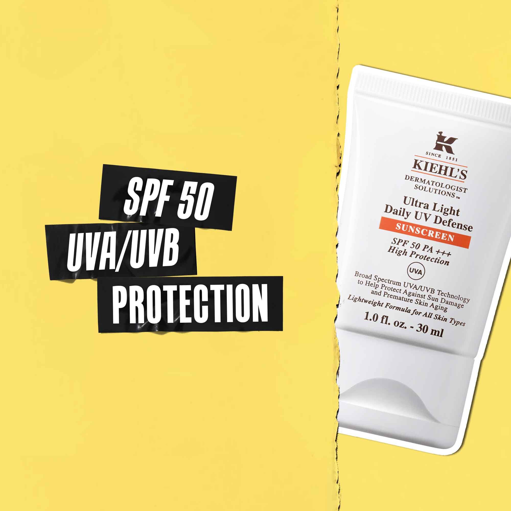 Napis Ochrona SPF 50 UVA/UVB na czarnej taśmie z obrazkiem tubki Ultra-Light Daily UV Defense obok.