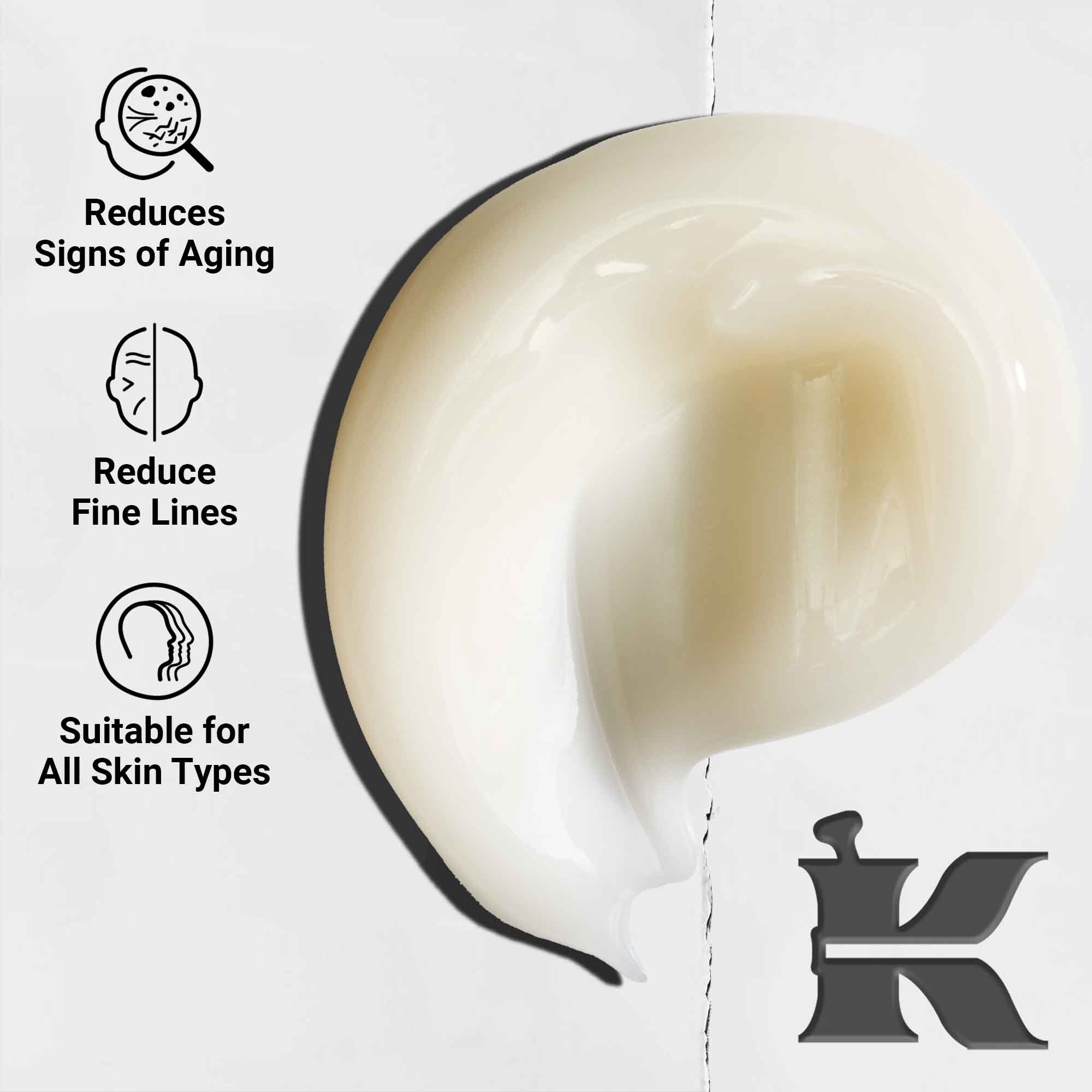 Zbliżenie na konsystencję serum Age Defender Power; lekka formuła, redukuje oznaki starzenia i drobne linie, odpowiedni dla każdego rodzaju skory.