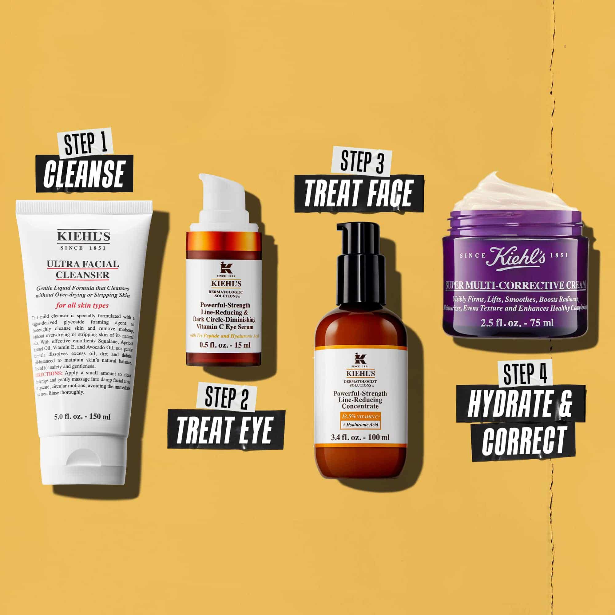 Cztery produkty Kiehl's tworzące rutynę pielęgnacyjną. Od lewej do prawej: produkt oczyszczający, krem pod oczy, Powerful-Strength Line-Reducing Concentrate i krem nawilżający.