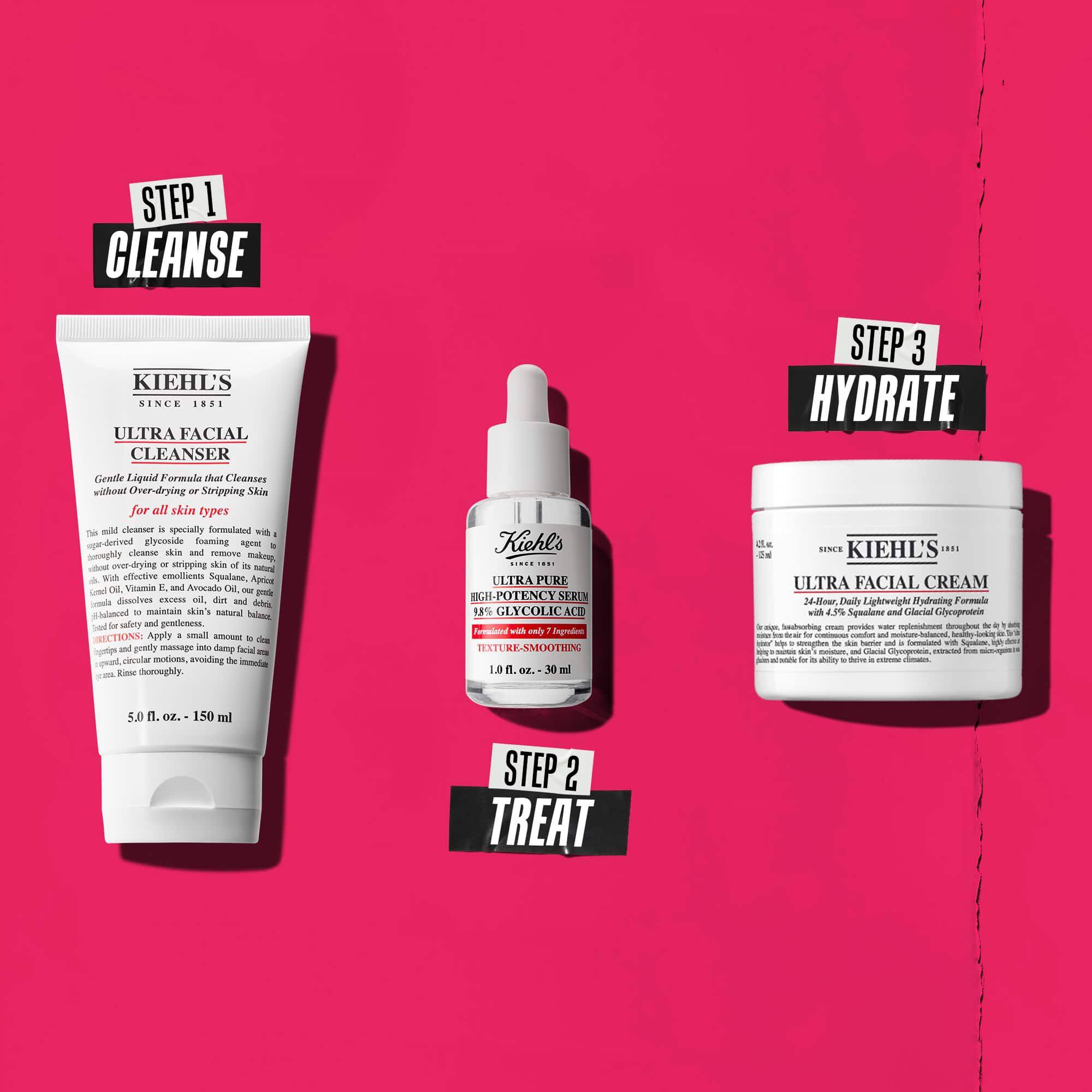 Trzyetapowa rutyna z produktami Kiehl's. Krok 1: Ultra Facial Cleanser. Krok 2: Serum z kwasem glikolowym. Krok 3: Ultra Facial Cream.
