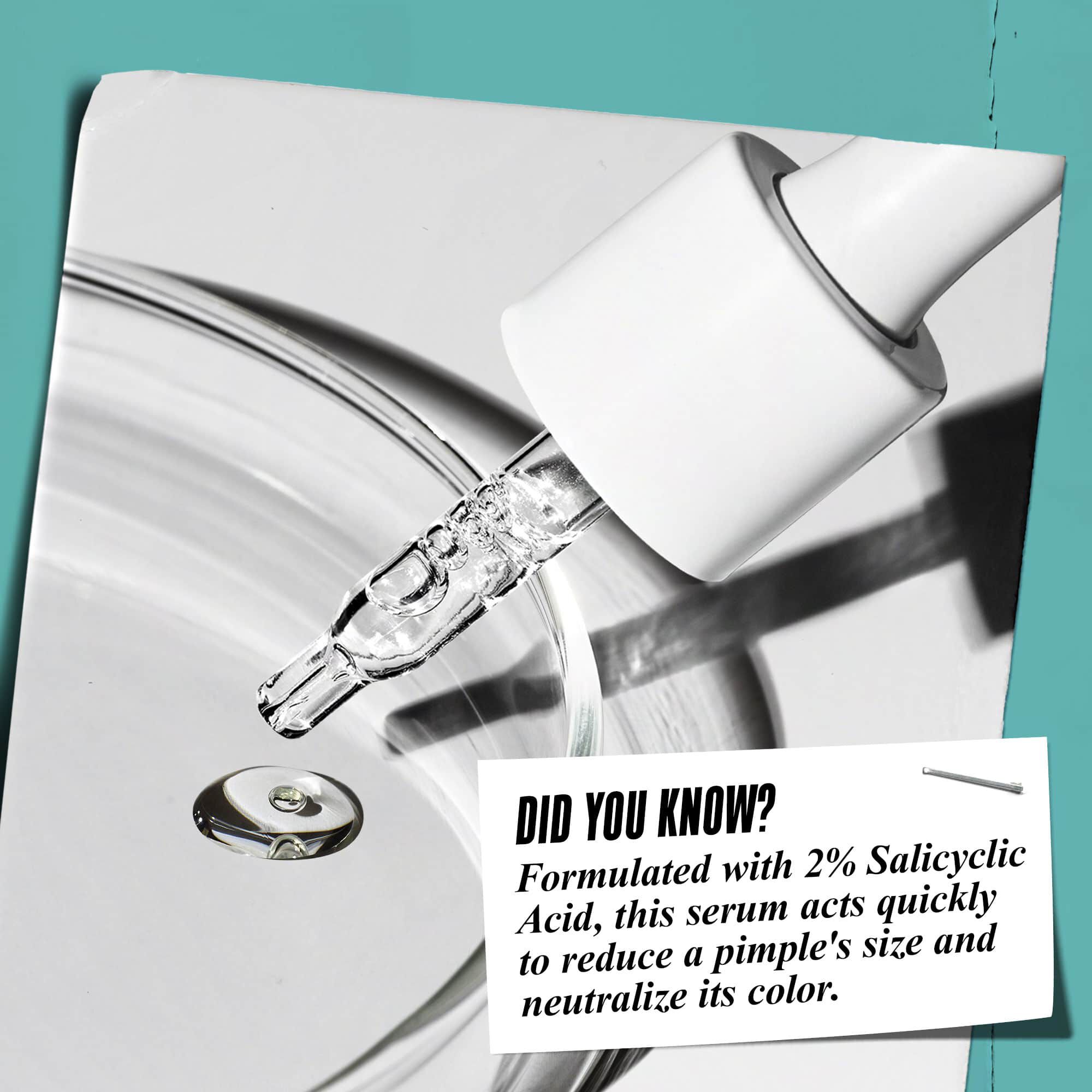 Zakraplacz dozujący Truly-Targeted Blemish-Clearing Solution do szklanego naczynia z tekstem: „Czy wiesz, że? Opracowany z 2% kwasem salicylowym, aby zmniejszyć rozmiar pryszczy i zneutralizować ich kolor.”