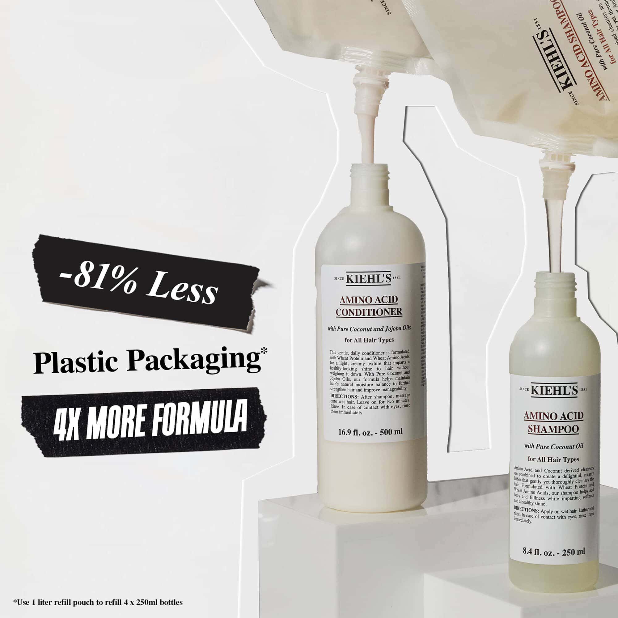Butelki szamponu i odżywki Kiehl's Amino Acid z tekstem promocyjnym podkreślającym o 81% mniejsze zużycie plastikowych opakowań i 4x więcej formuły.
