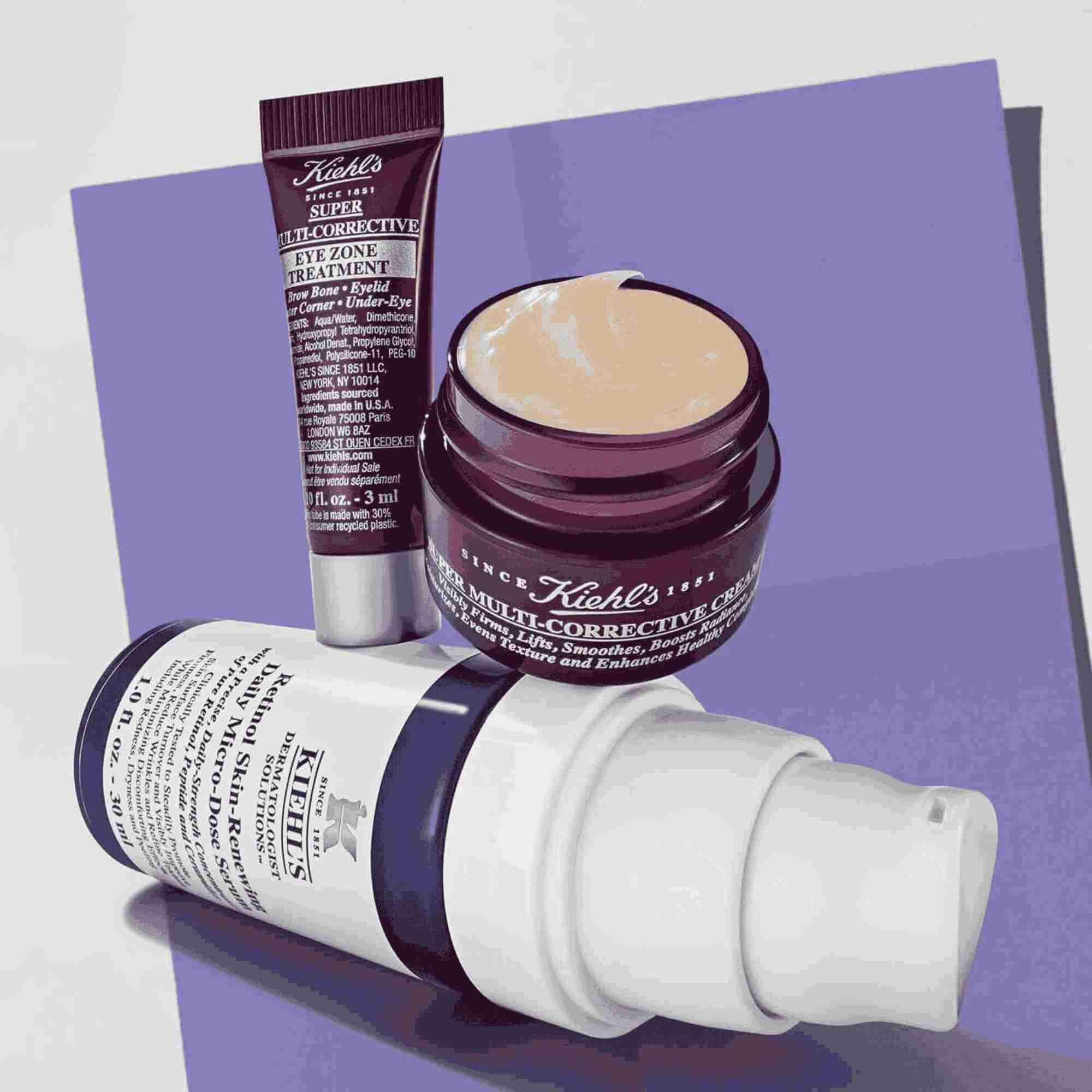 Kiehl's anti-aging set with retinol serum, eye cream, and multi-corrective cream, advertised with promotional pricing and value.