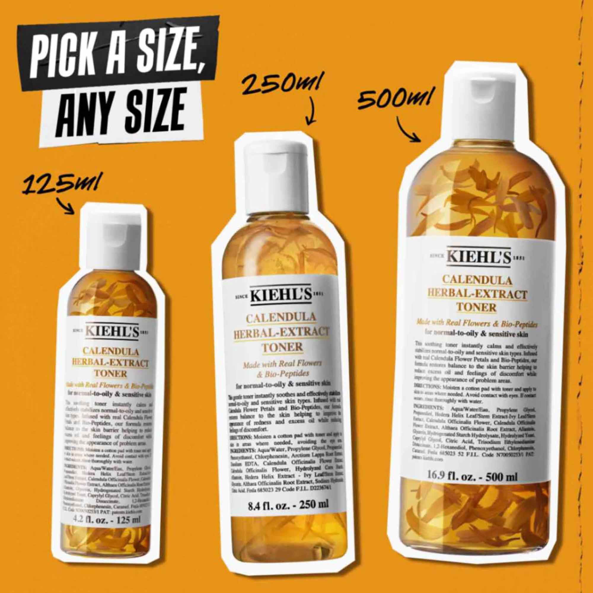 Trzy butelki toniku Calendula Herbal-Extract Toner w rożnych pojemnościach (125 ml, 250 ml, 500 ml) na pomarańczowym tle z tekstem „Wybierz rozmiar, dowolny rozmiar”.