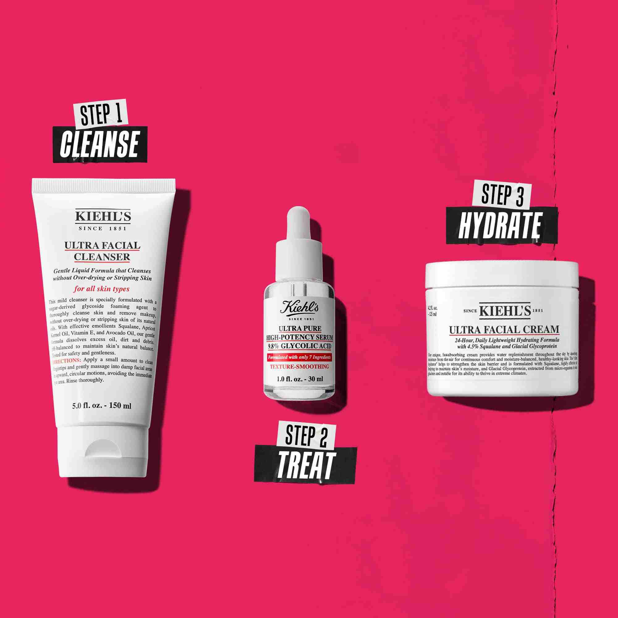 Trzyetapowa rutyna z produktami Kiehl's. Krok 1: Ultra Facial Cleanser. Krok 2: Serum z kwasem glikolowym. Krok 3: Ultra Facial Cream.