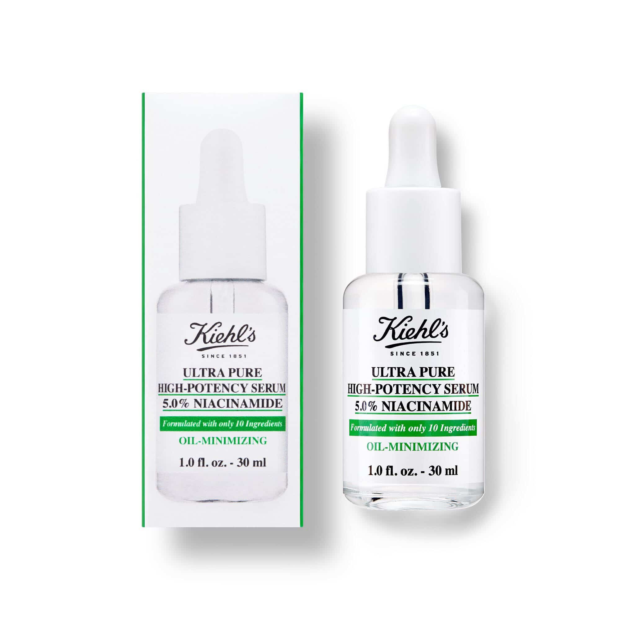 Butelka i opakowanie serum Kiehl's Ultra Pure z 5,0% niacynamidu