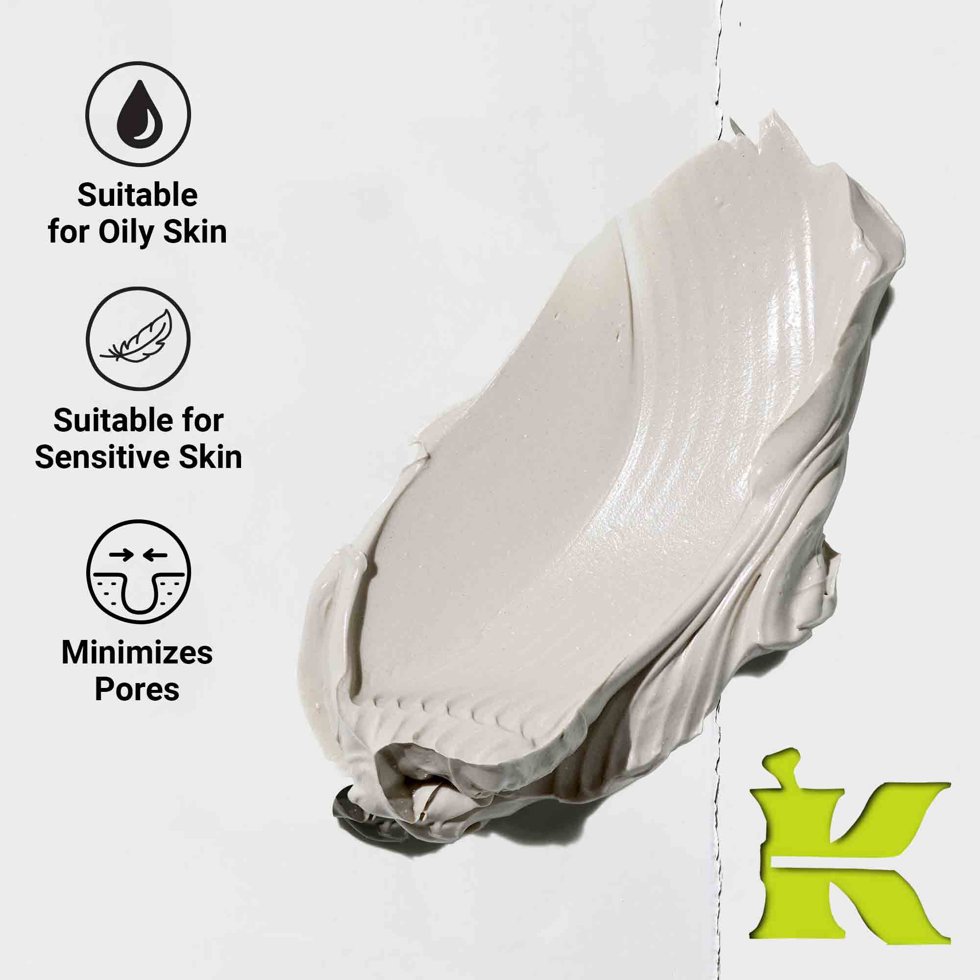 Zdjęcie konsystencji z ikonami informującymi, że redukuje pory, zawiera naturalne składniki i jest przeznaczone do każdego rodzaju skory