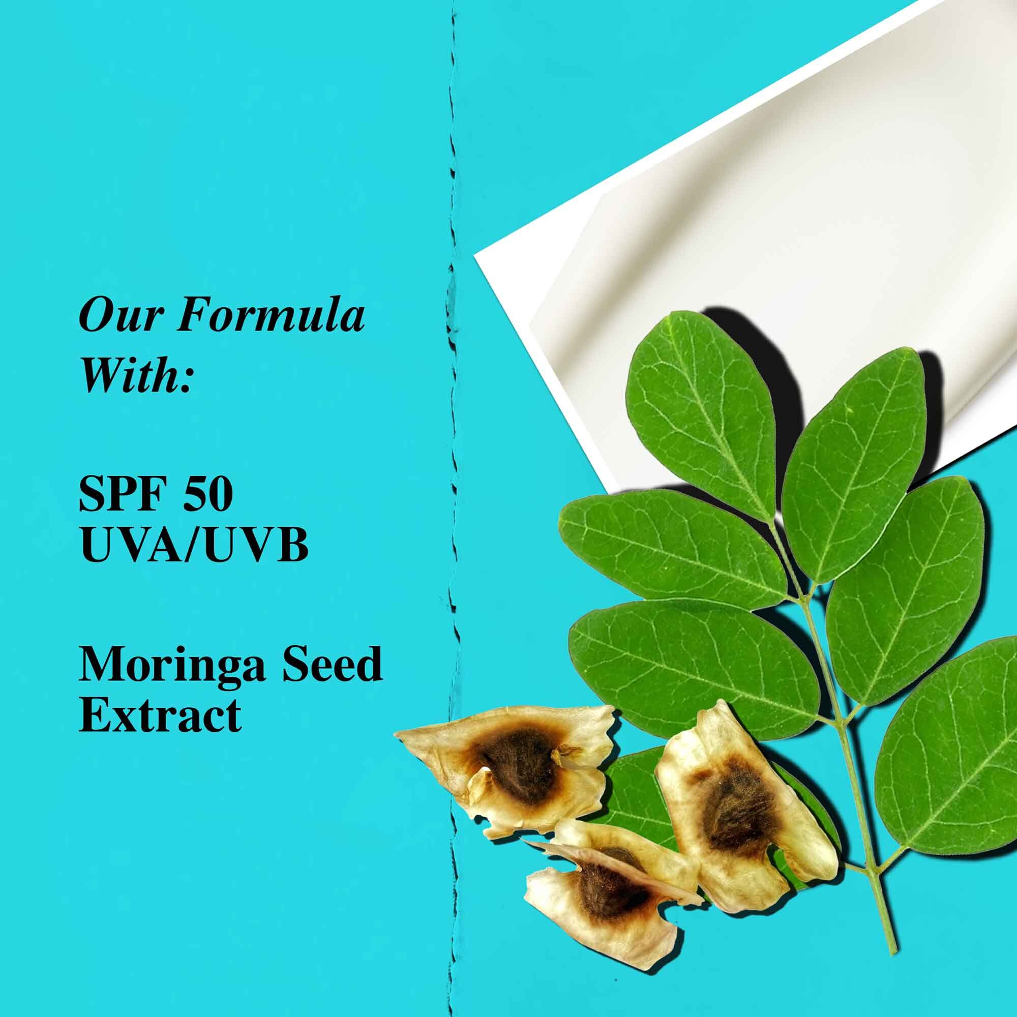 Grafika podkreślająca kluczowe składniki żelu Ultra Light Daily UV Defense Aqua Gel, w tym SPF 50 i ekstrakt z nasion moringi.