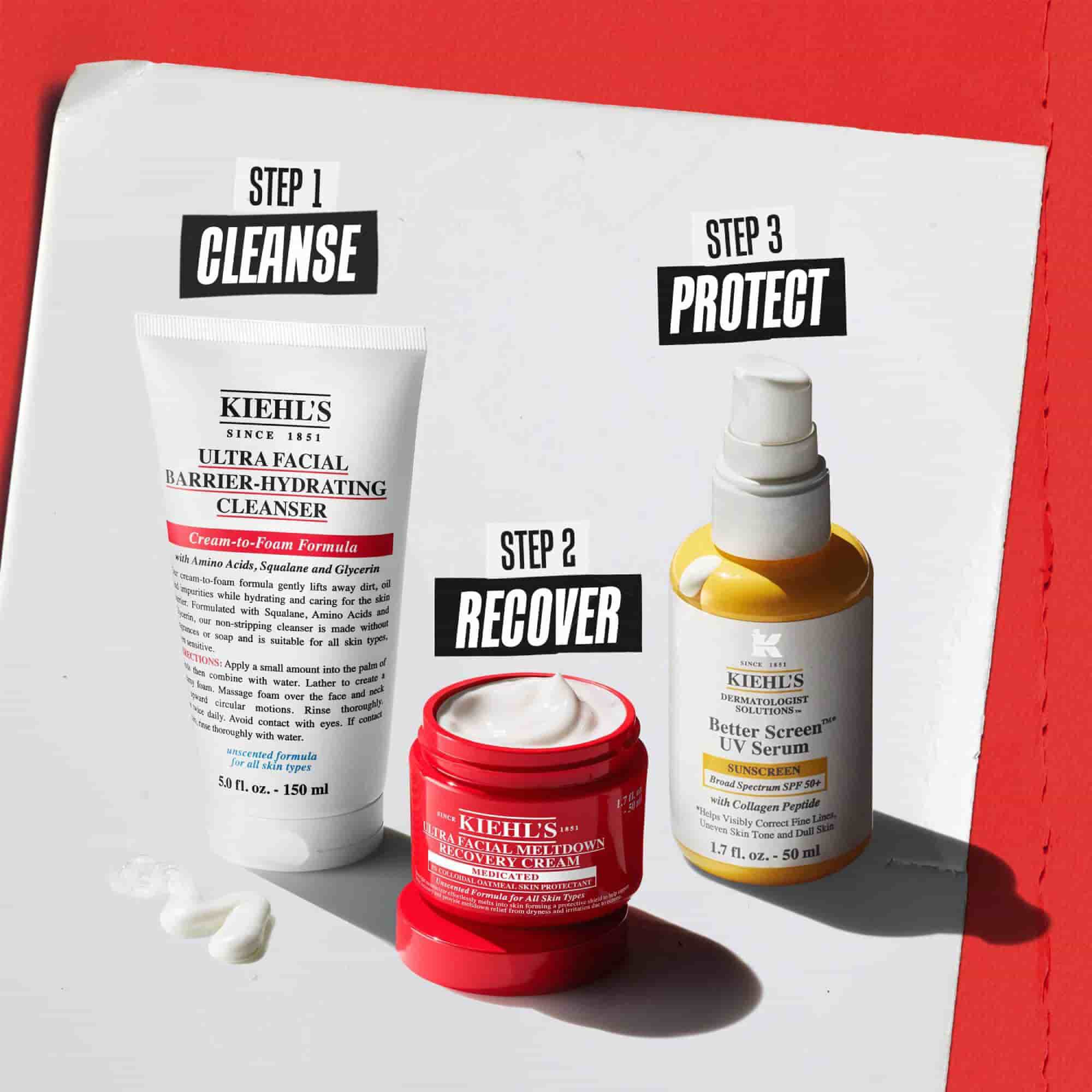 Trzy produkty Kiehl’s: Krok 1 Oczyszczanie (Barrier-Hydrating Cleanser), Krok 2 Regeneracja (Meltdown Recovery Cream) i Krok 3 Ochrona (Better Screen UV Serum).