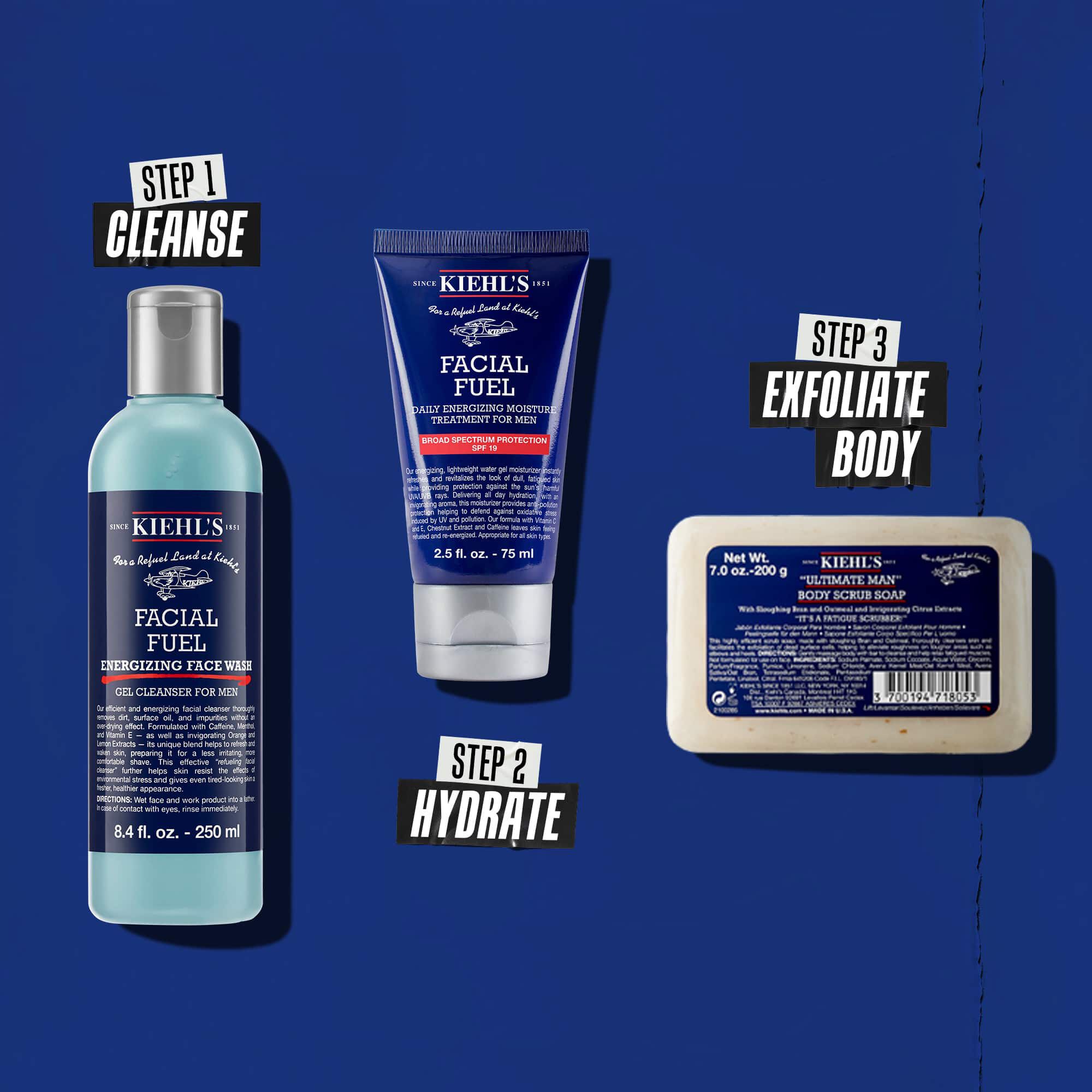 Trzy produkty Kiehl's tworzące rutynę. Od lewej do prawej: Facial Fuel Cleanser, Facial Fuel Moisturizer i Ultimate Man Body Scrub Soap.