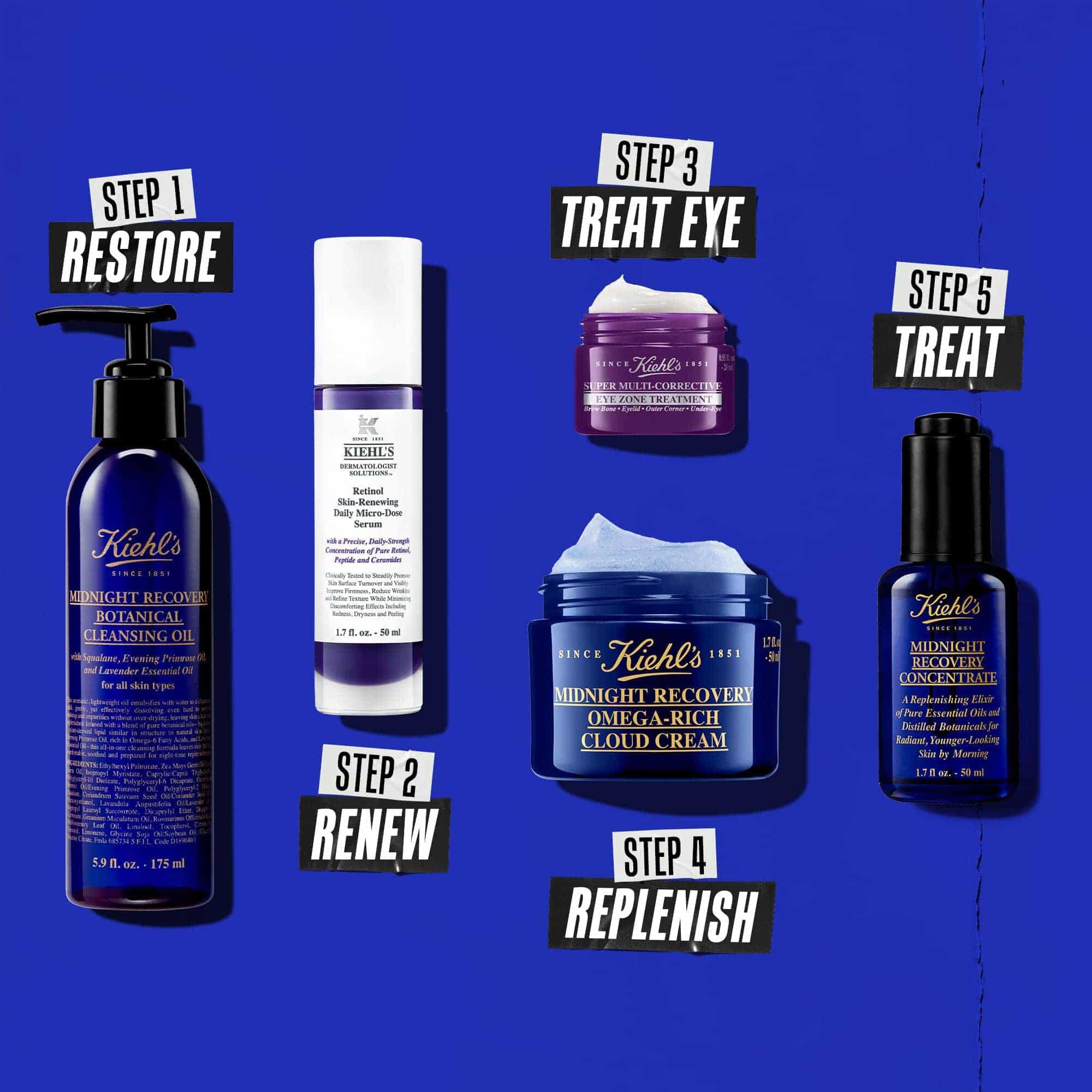 Pięcioetapowa rutyna na noc z produktami Kiehl's. Od lewej do prawej: produkt oczyszczający, serum z retinolem, krem pod oczy, krem nawilżający i Midnight Recovery Concentrate.