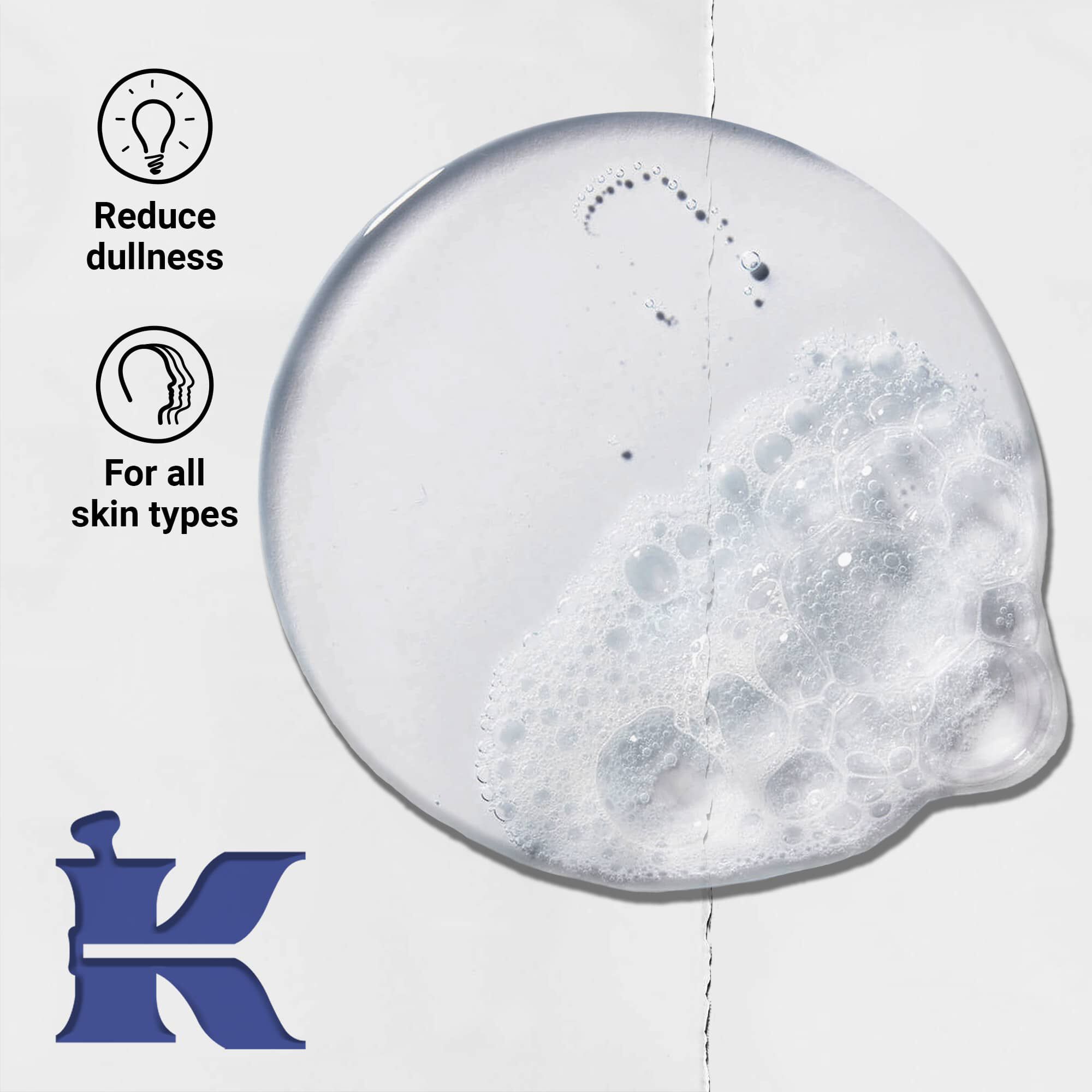 Zdjęcie konsystencji Facial Fuel z ikonami informującymi, że redukuje poszarzały koloryt i jest przeznaczone do każdego rodzaju skory