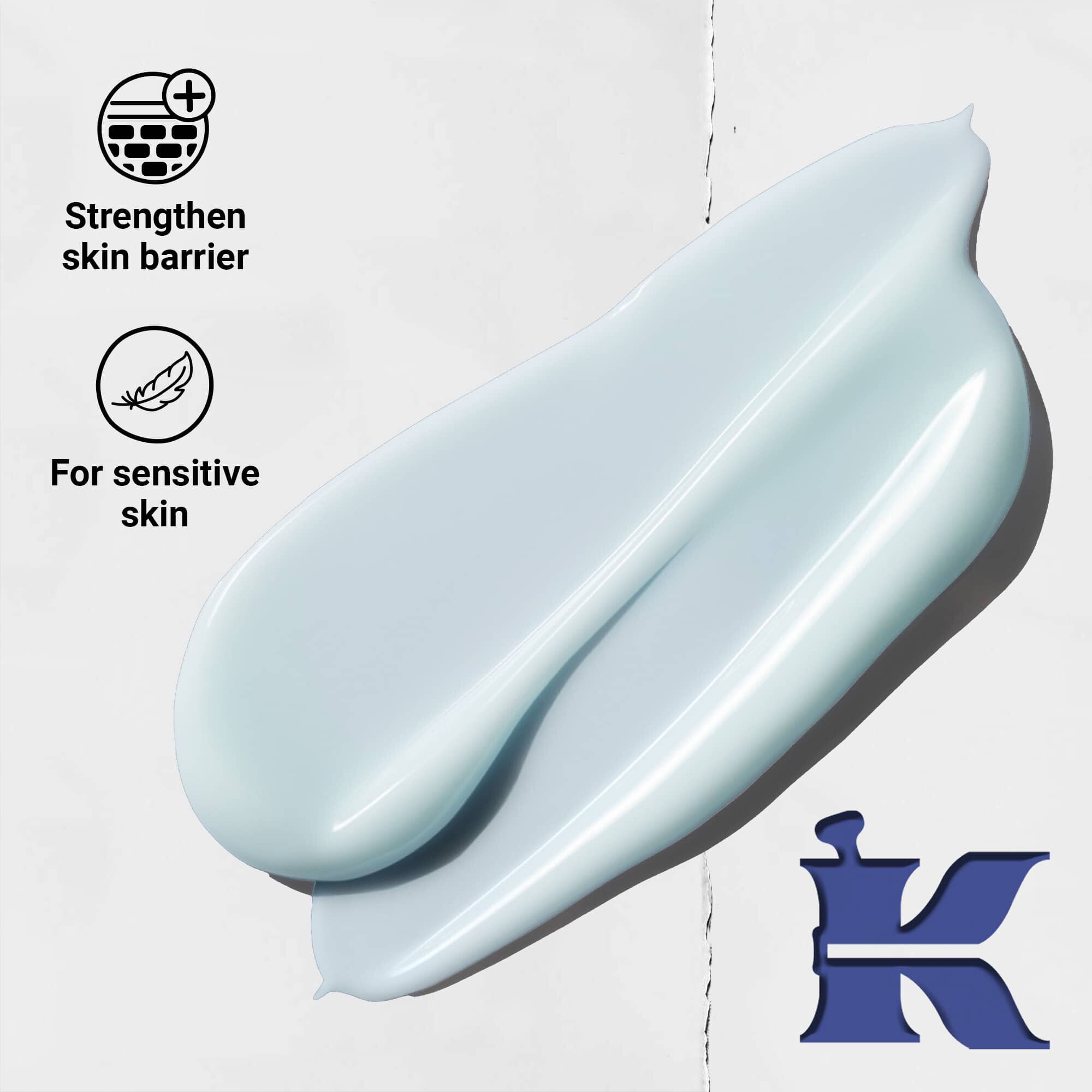 Zdjęcie konsystencji Facial Fuel z ikonami informującymi, że wzmacnia barierę ochronną skory i jest przeznaczone do skory wrażliwej