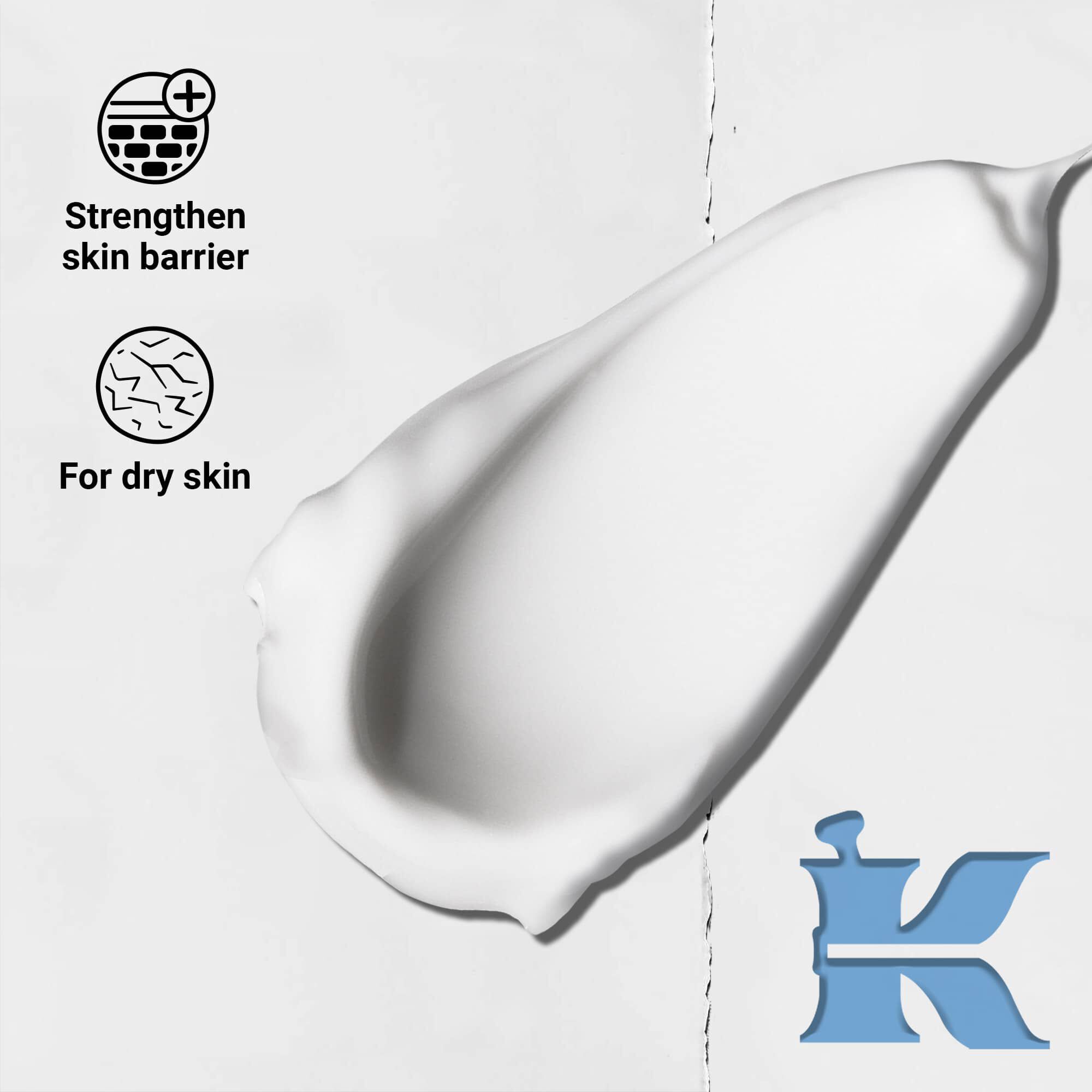 Zdjęcie konsystencji z ikonami informującymi, że wzmacnia barierę ochronną skory i jest przeznaczone do skory suchej