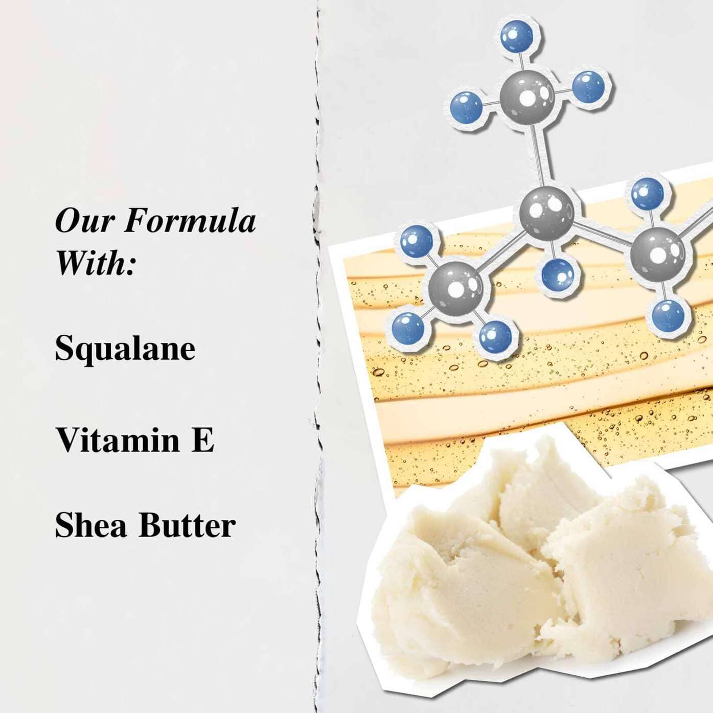 Grafika przedstawiająca kluczowe składniki balsamu Lip Balm #1: masło shea, skwalan i witaminę E.