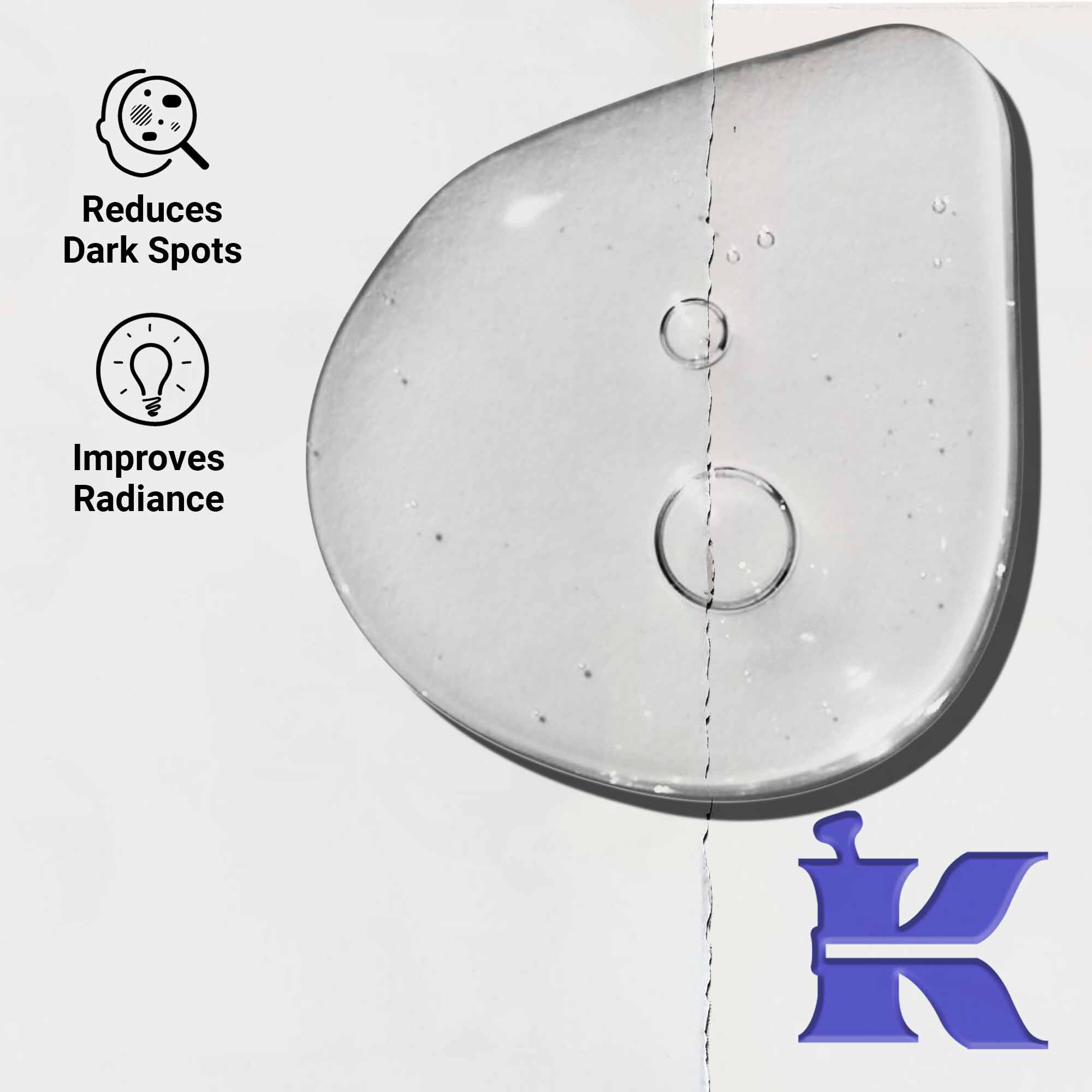 Zbliżenie na konsystencję Clearly Corrective Dark Spot Solution pokazujące przezroczyste krople płynu.