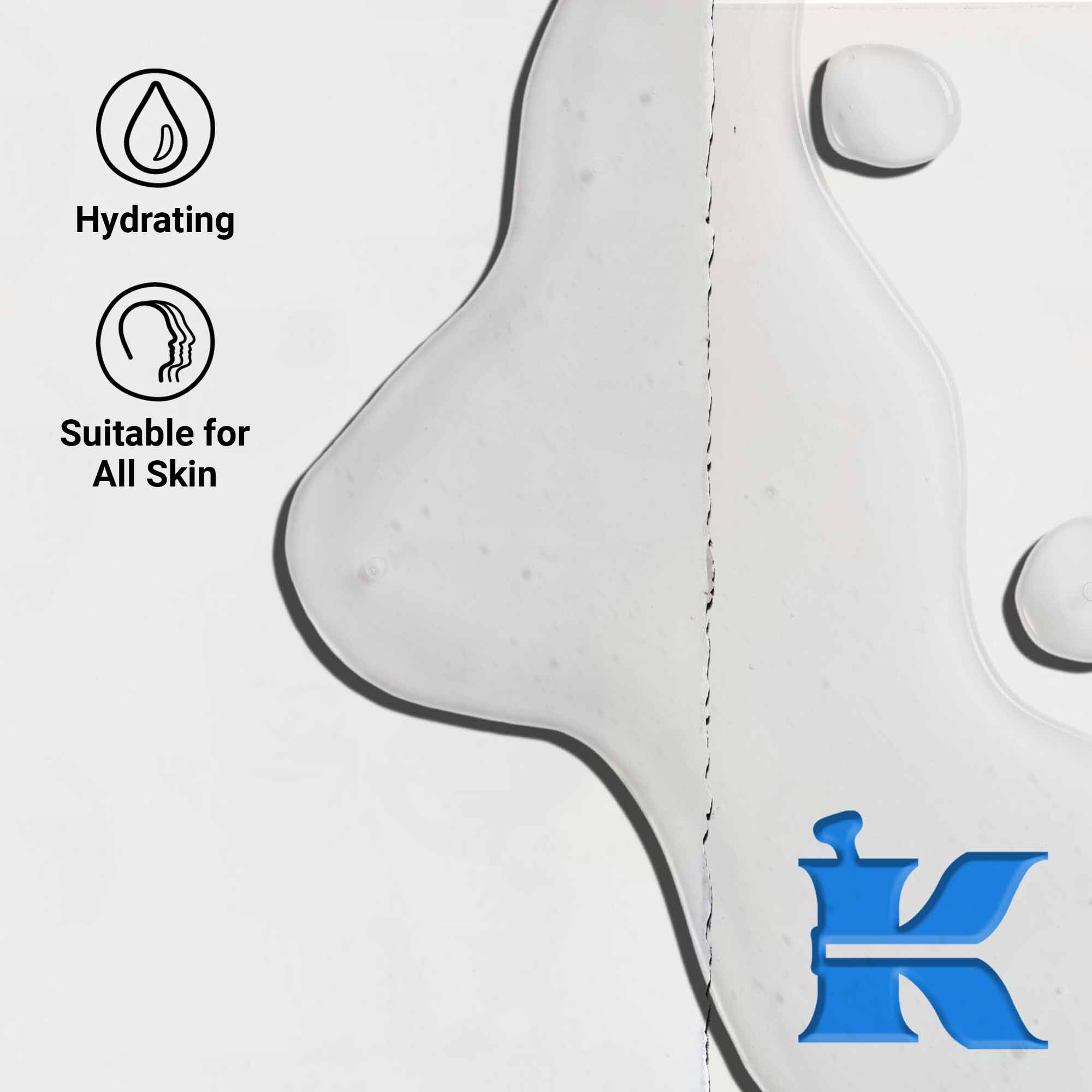 Zbliżenie na konsystencję serum Ultra Pure 1.5% Hyaluronic Acid Serum, ukazujące przezroczyste krople płynu. Tekst podkreśla korzyści nawilżające i przydatność dla wszystkich rodzajow skory.