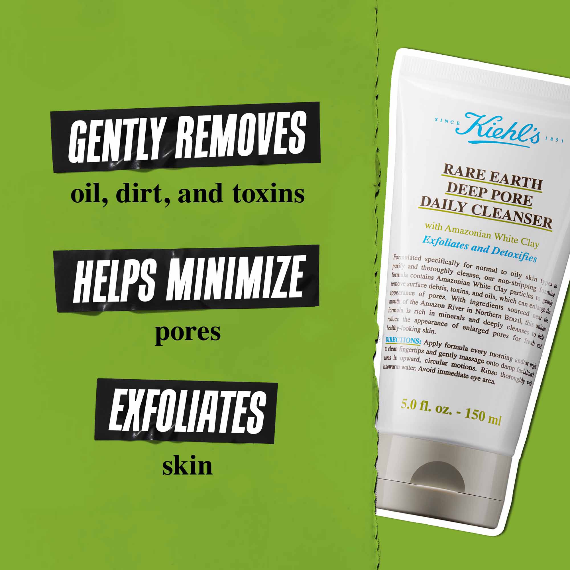 Tubka Rare Earth Deep Pore Daily Cleanser na zielonym tle z tekstem: „Delikatnie usuwa brud, olej i toksyny. Minimalizuje widoczność porow. Złuszcza i głęboko oczyszcza skorę.”