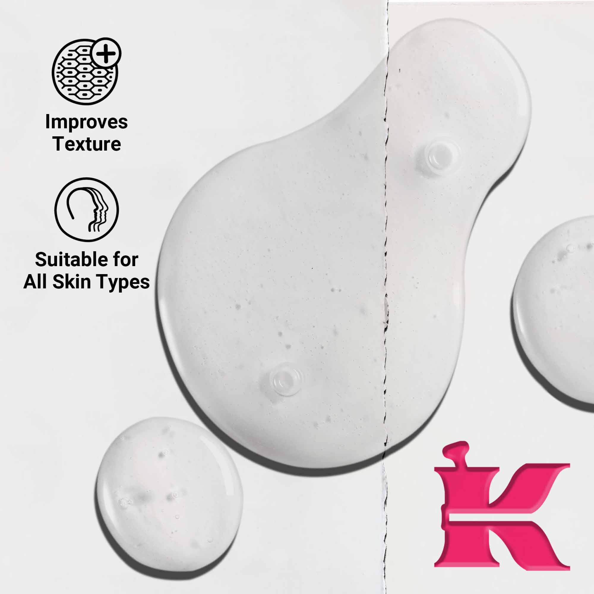 Zbliżenie na konsystencję serum Ultra Pure 9.8% Glycolic Acid Serum, ukazujące przezroczyste krople płynu. Tekst podkreśla zdolność do poprawy tekstury i przydatność dla wszystkich rodzajow skory.