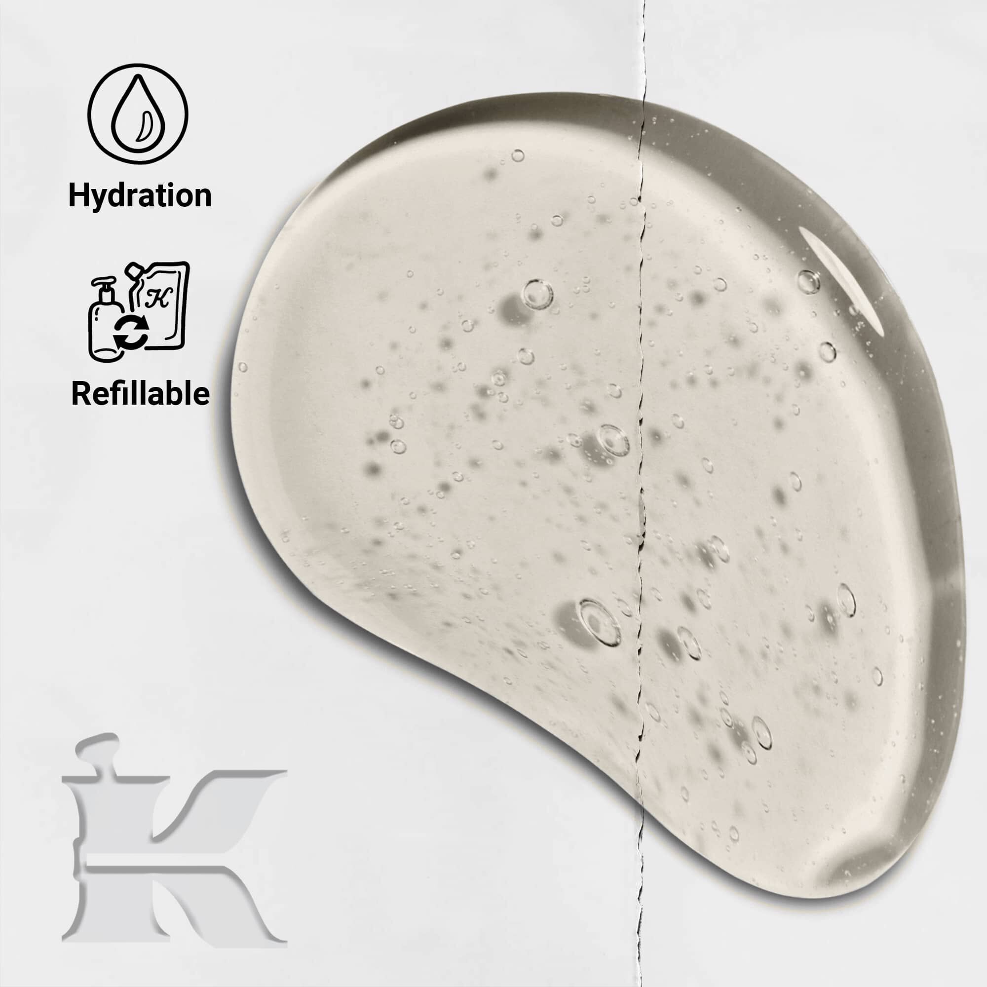 Zdjęcie tekstury szamponu Amino Acid z ikonami informującymi o możliwości uzupełniania i nawilżaniu