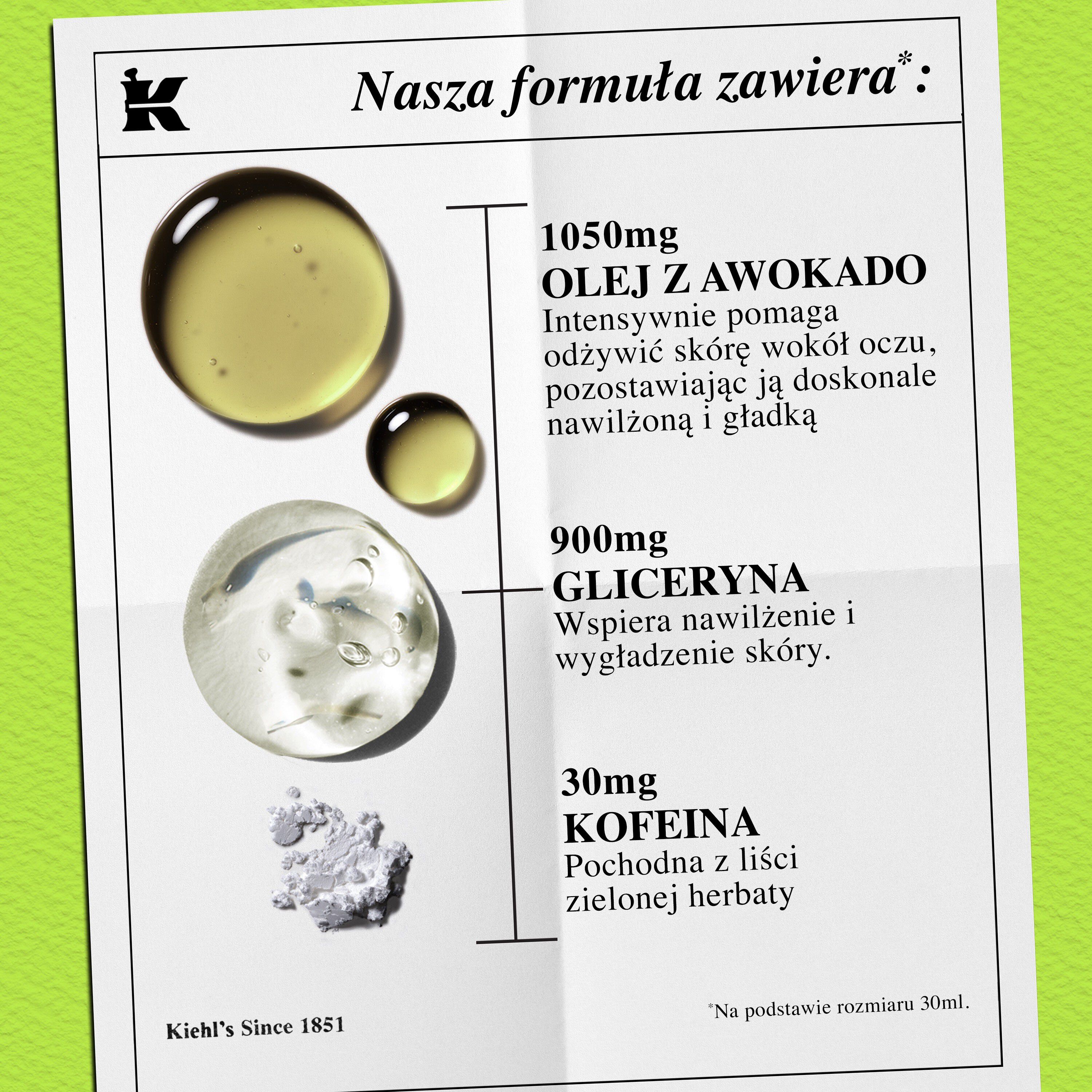 Zdjęcie konsystencji produktu z ikonami – redukuje opuchliznę pod oczami i jest odpowiedni dla każdego rodzaju skory