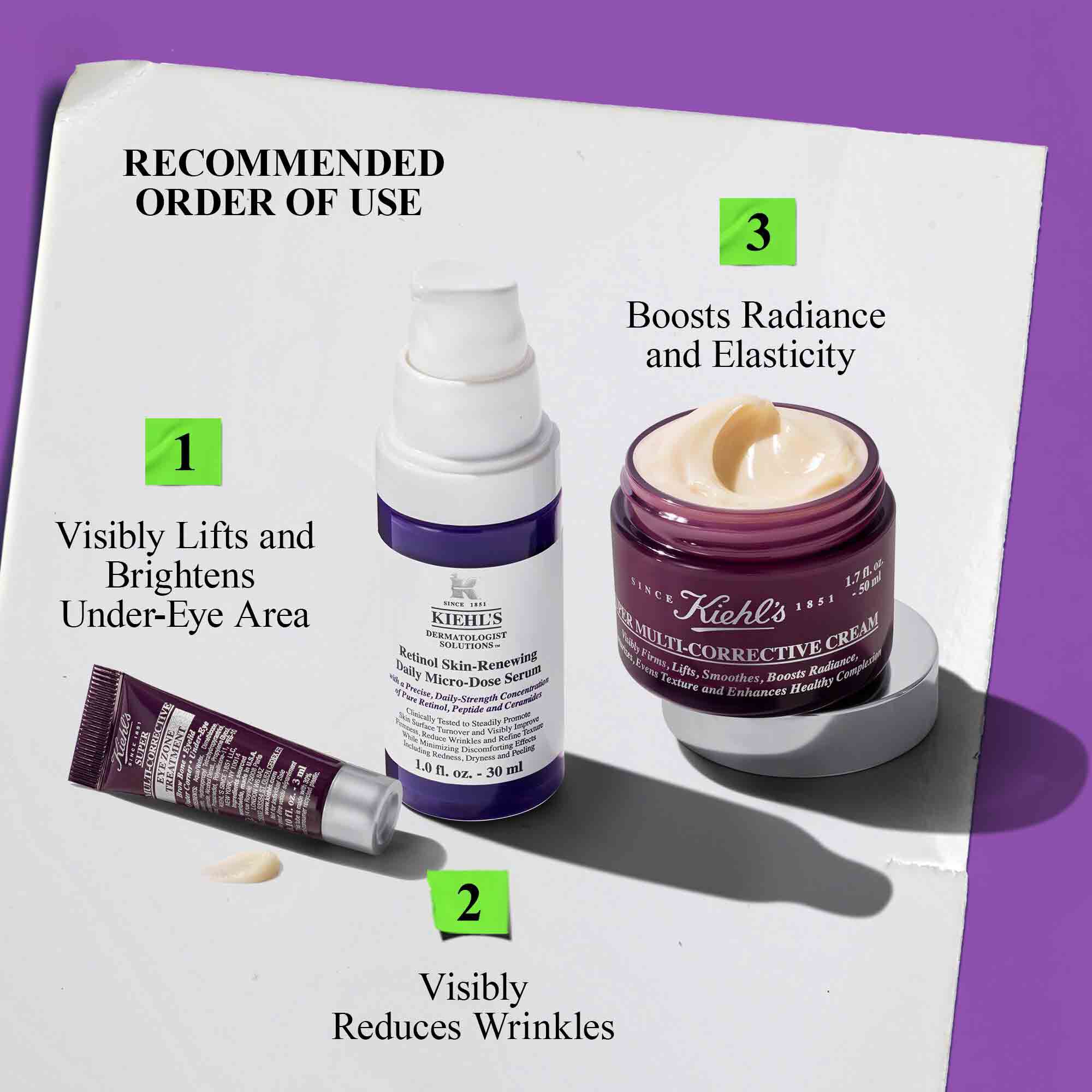 Kiehl's recommended anti-aging skincare with under-eye cream, retinol serum for wrinkles, and multi-corrective cream for radiance and elasticity.​