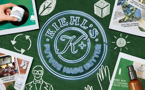 Kolorowa grafika promująca markę Kiehl's, z rożnorodnymi produktami, logo oraz zabawnymi ilustracjami liści i rąk.