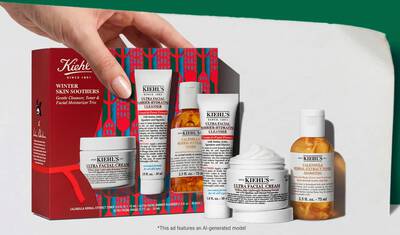 Świąteczny zestaw prezentowy Kiehl's "Winter Skin Soothers" z kremem Ultra Facial Cream, emulsją Ultra Facial Barrier-Hydrating Cleanser oraz tonikiem Calendula Herbal-Extract Toner, wyeksponowany z metką cenową