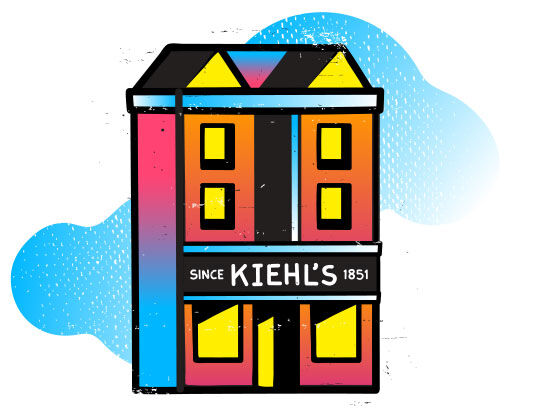 Kolorowy rysunek budynku Kiehl's z napisem 'Since 1851', na tle niebieskiej chmury.
