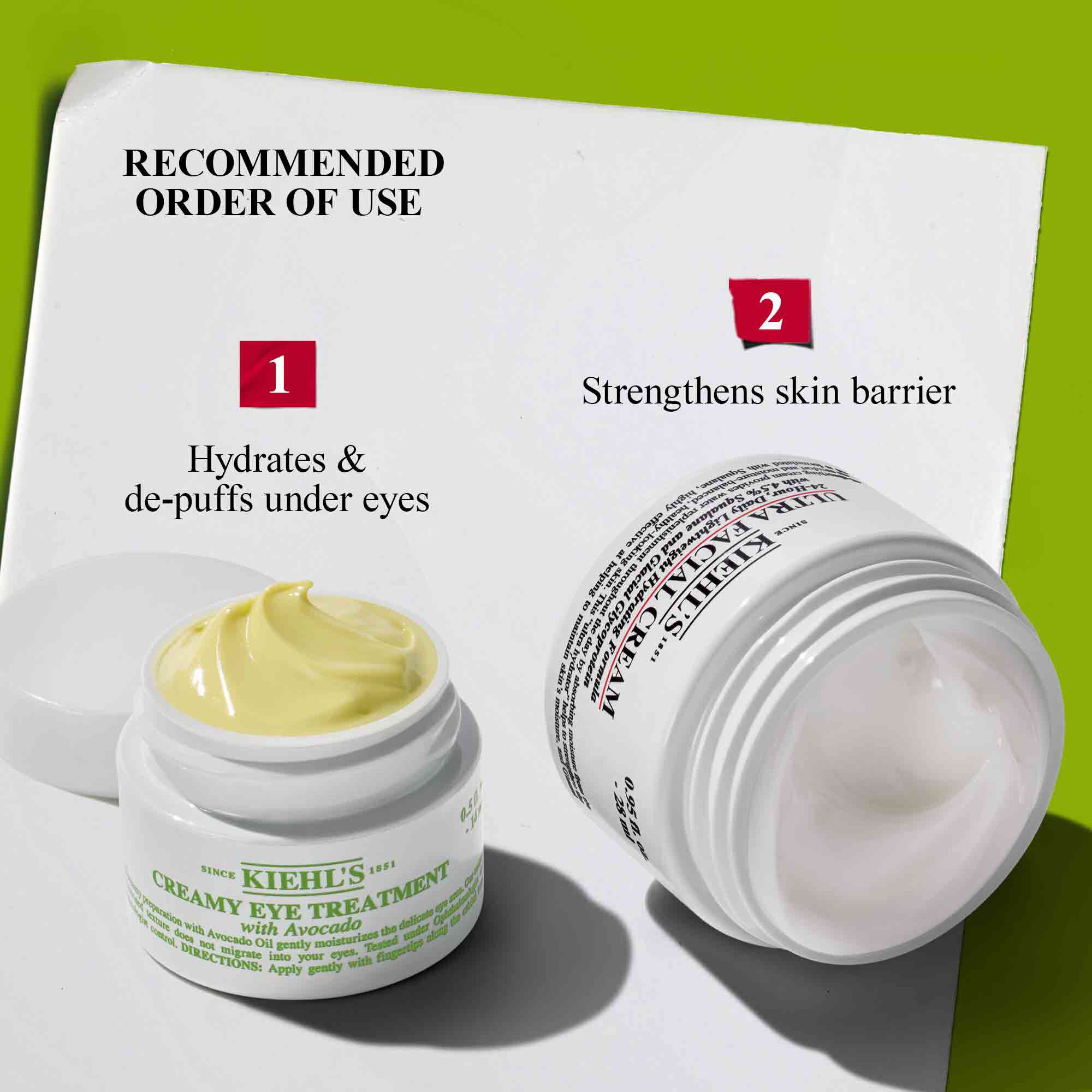 Kiehl's recommended order of use: Creamy Eye Treatment with Avocado to hydrate and depuff under eyes, followed by Ultra Facial Cream to strengthen the skin barrier.​