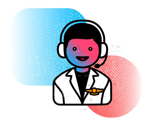 Ikona pilota w białym mundurze z słuchawkami, uśmiechnięta twarz na tle kolorowych kształtow.