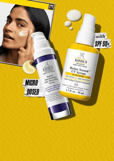 Baner w kolorze żołtym, na ktorym znajduje się zdjęcie opakowań produktow Better Screen UV Serum oraz Retinol Skin-Renewing Daily Micro-Dose Serum. Obok nich widnieje zdjęcie modelki nakładającej produkty na cerę.