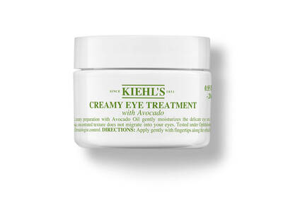Pojemnik z kremem pod oczy Kiehl's zawierającym olej awokado, na białym tle, z zielonymi napisami.