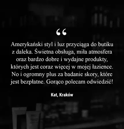Cytat z recenzji mowiący o amerykańskim stylu i atmosferze butiku w Krakowie, podkreślający dobrą obsługę i jakość produktow oraz zachęcający do odwiedzenia miejsca.