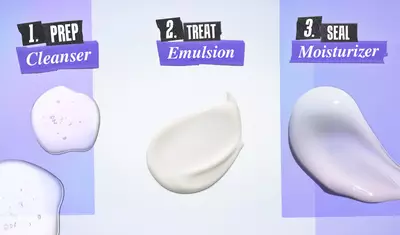 Three skincare steps are illustrated: 1. "Prep" with a cleanser (a translucent gel), 2. "Treat" with an emulsion (a creamy white texture), and 3. "Seal" with moisturizer (a smooth, glossy cream). Each step is labeled with bold text against a soft gradient background.