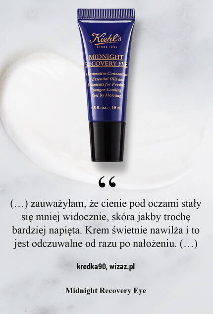 Крем за очи от Kiehl's с текст "Намалява подуването, намалява тъмните кръгове и хидратира около очите." на фона на мраморна повърхност.