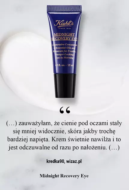 Крем за очи от Kiehl's с текст "Намалява подуването, намалява тъмните кръгове и хидратира около очите." на фона на мраморна повърхност.