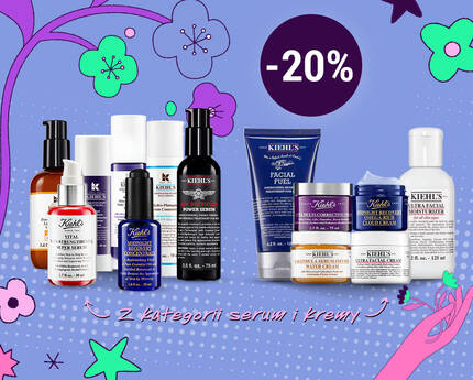 Promocja -20% na rożne kosmetyki do pielęgnacji skory. W tle kolorowa grafika z kwiatami i postacią dwoch osob przytulających się.