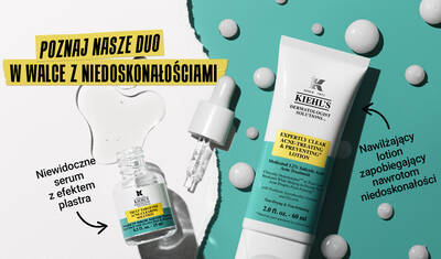A graphic featuring Kiehl's acne treatment products, including an invisible liquid pimple patch and a lotion, both labeled for acne treatment with a focus on hydration and prevention.