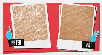 Two photo frames side by side on a red background. The left frame labeled "Before" shows a textured skin surface with fine lines, while the right frame labeled "After" displays a smoother skin surface with fewer visible lines.