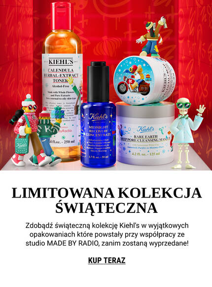 A festive display featuring limited edition beauty products and holiday-themed decorations, alongside colorful figurines. The background features a vibrant red design with holiday motifs. Text reads, "Celebrate the Holidays with our Limited Editions."
