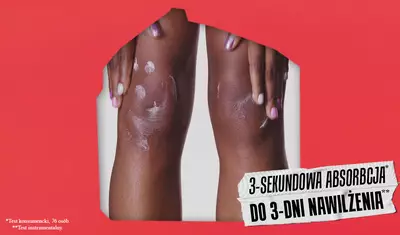 A close-up of two knees with white lotion applied, on a bright red background; text indicating "3 SEC ABSORPTION* 3 DAYS HYDRATION**" is included in the design.