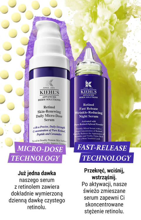 Obrazek przedstawia dwa produkty Kiehl's z retinolem: serum dzienne z technologią mikro-dawkowania oraz serum nocne z szybkim uwalnianiem, z towarzyszącymi ich opisami.