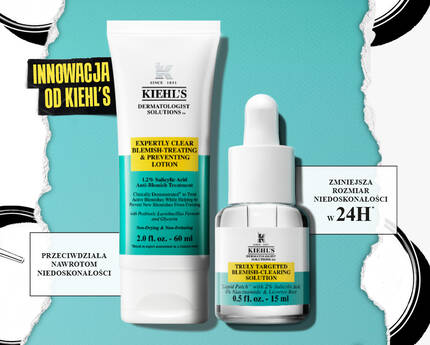 Zestaw produktow Kiehl's do pielęgnacji skory, w tym lotion i serum, na tle turkusowego koloru.