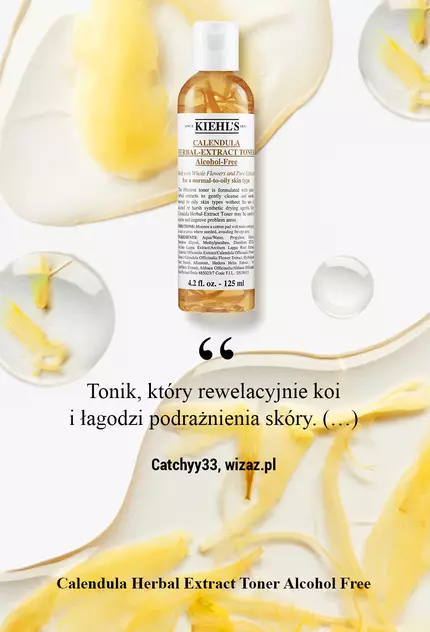 A bottle of Kiehl's Calendula Herbal-Extract Toner surrounded by calendula petals, accompanied by a customer testimonial about the product's refreshing qualities.