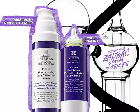 Alt text: Na obrazku widoczne są produkty do pielęgnacji skory Kiehl's, w tym serum na dzień i na noc, umieszczone obok szklanej butelki. Dominuje kolor fioletowy, a na tle znajduje się napis.